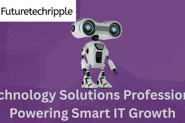 Technology Solutions Professional blog header image by FutureTechRipple showing a cute robot cutout on a purple background symbolizing smart IT growth.