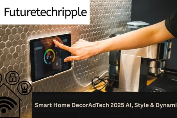 Smart Home DecorAdTech 2025 by FutureTechRipple showing AI-powered smart home control panel with gradient icons for dynamic living.