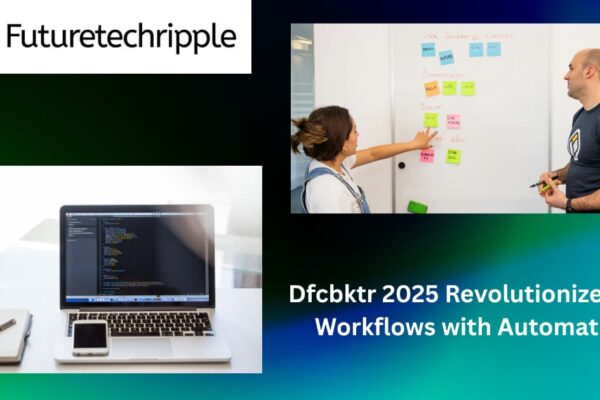 Dfcbktr 2025 workflow automation presentation on MacBook Pro with blue and green modern design