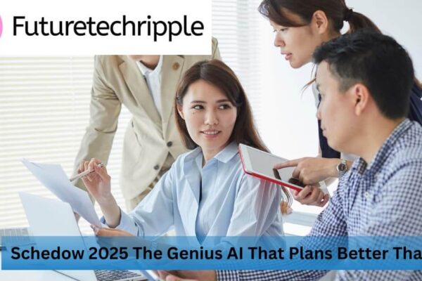 Business professionals in a modern meeting room collaborating on laptops and digital screens using Schedow 2025 AI scheduling software by FutureTechRipple.
