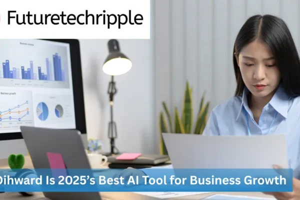 Businesswoman reviewing data on screen, representing Dihward AI tool for business growth in 2025