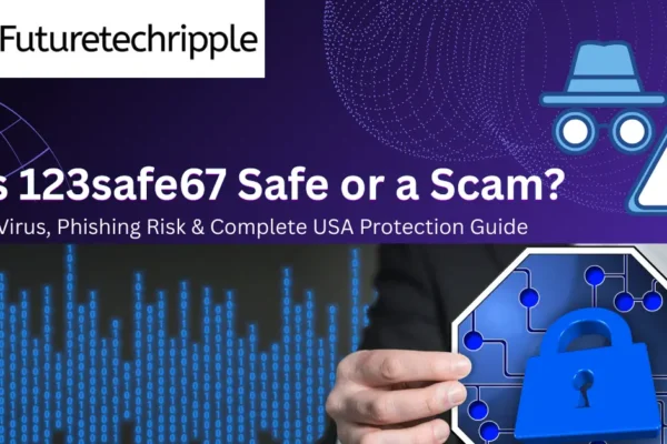123safe67 scam alert banner showing phishing risk, virus warning, and USA online security protection concept