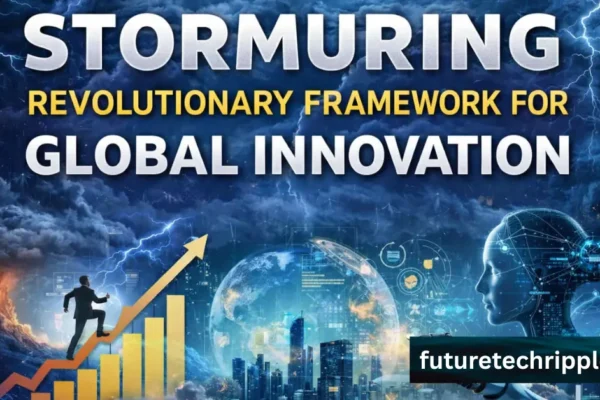 "Stormuring: futuristic framework for global innovation with Earth, network, and technology icons."