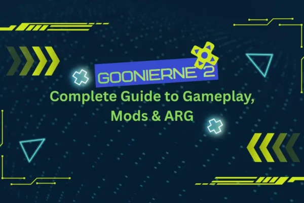 Goonierne 2 complete guide banner featuring gameplay, mods and ARG theme with neon tech graphics on dark digital background